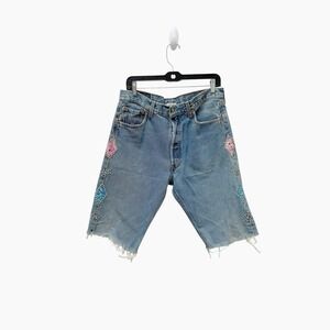 Riley Vintage Embellished Denim Jean Shorts Beaded Bandana Patches Raw Hem Large